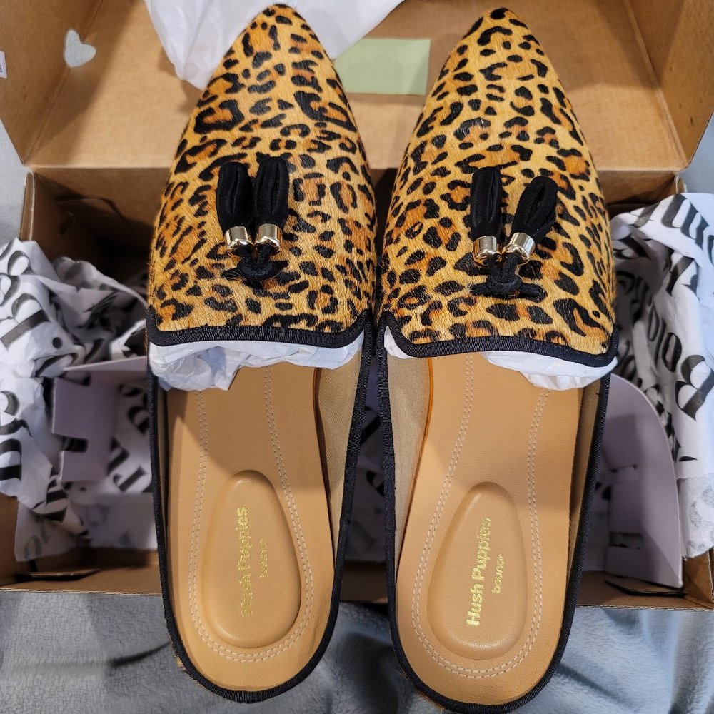 Hush Puppies Sadie Tassel Mule Leopard Size 11W (wide)